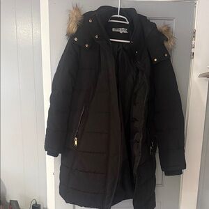 Nine West Black Puffer Coat with Faux Fur Hood